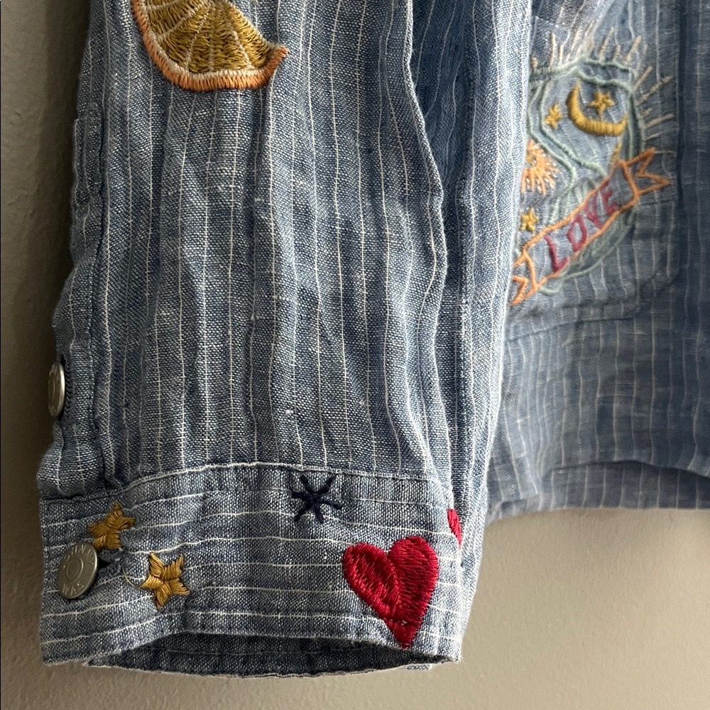 ‘Johnny Was’ Embroidered Button-Up Shirt. 100% Linen